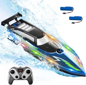 Remote Control Boat for Pools and Lakes,2.4 GHZ Self Righting Fast RC Boats with LED for Kids 4-7 8-12 and Adults,Toy Boat with 2 Rechargeable Battery,Waterproof Anti-Collision Low Battery Alarm(Blue)