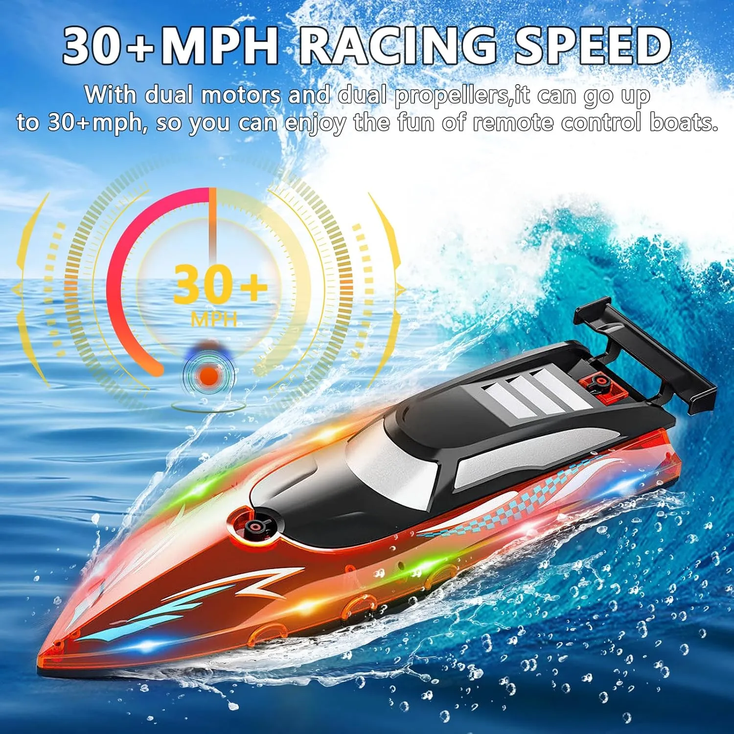 Remote Control Boat for Pools and Lakes,2.4 GHZ Self Righting Fast RC Boats with LED for Kids 4-7 8-12 and Adults,Toy Boat with 2 Rechargeable Battery,Waterproof Anti-Collision Low Battery Alarm(Blue)