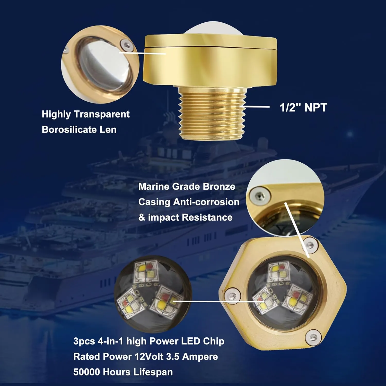 RGBW Standard 1/2" NPT Boat Drain Plug Lights,IP68 Underwater LED Trailer Lights with APP& RF Control for Boat Pool Yacht Fishing,Smart Cooling Systen Marine Boat Led Light, 40W,4100LM…