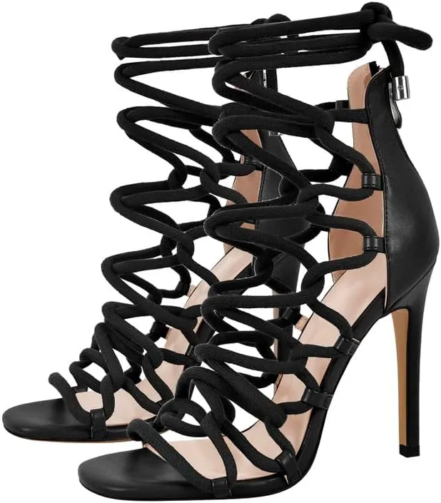 richealnini Rope Heels for Women Crisscross Strap Stiletto Strappy Sandals with Zipper