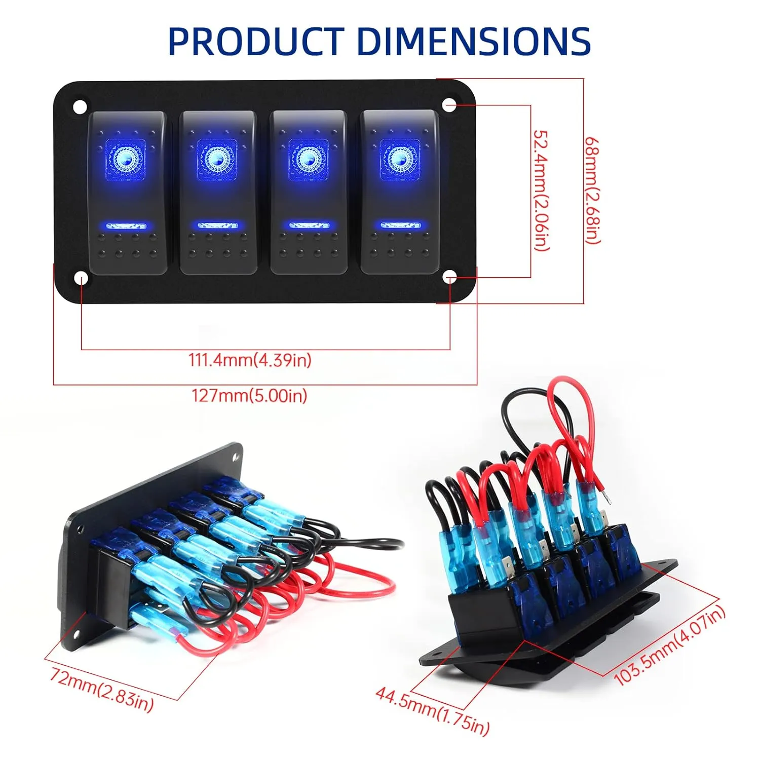 Rocker Switch Panel 4 Gang Aluminum Waterproof 12V/24V Toggle Switch Panel, On-Off Car Boat Switch,for Marine Boat Automotive Car RV Truck Vehicles