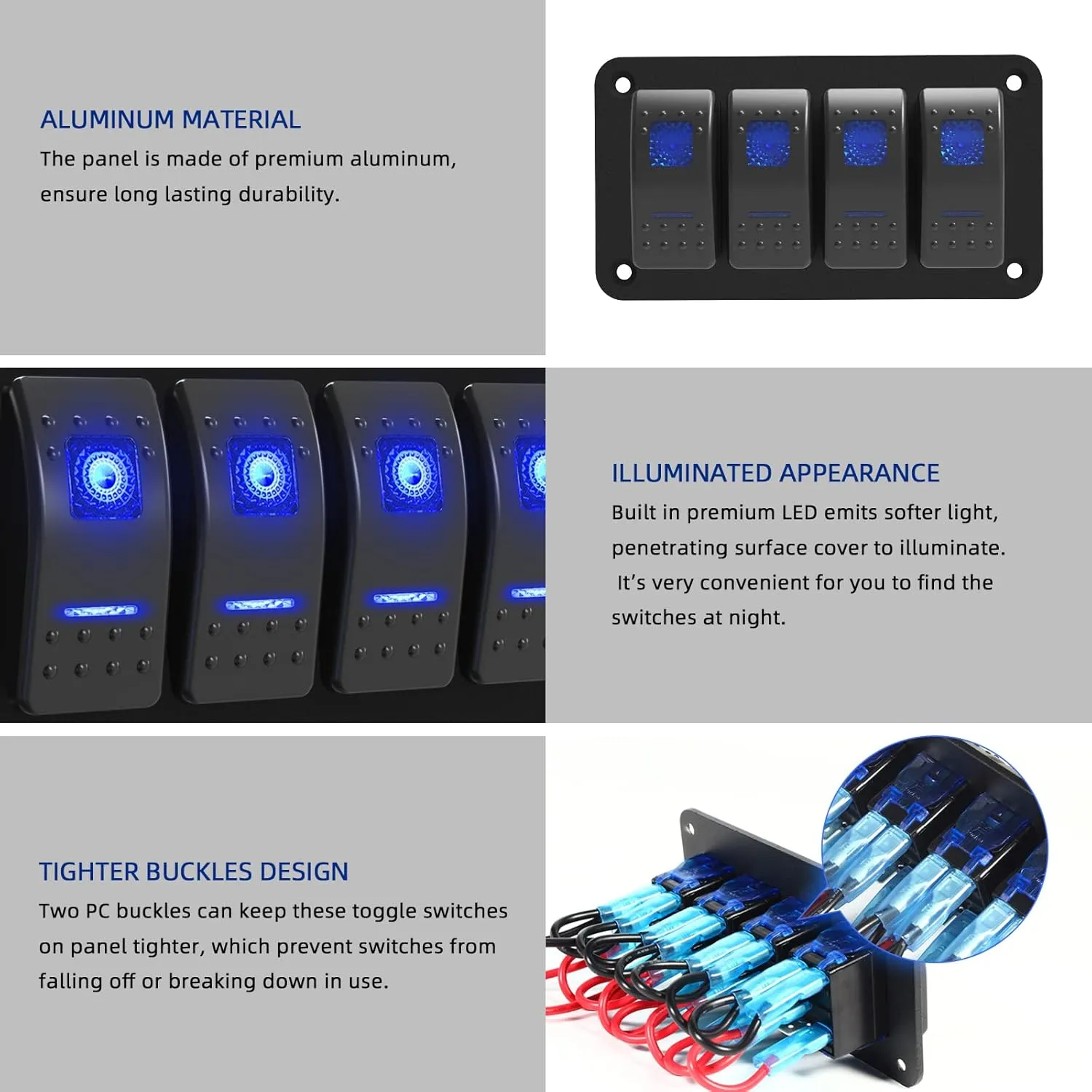 Rocker Switch Panel 4 Gang Aluminum Waterproof 12V/24V Toggle Switch Panel, On-Off Car Boat Switch,for Marine Boat Automotive Car RV Truck Vehicles