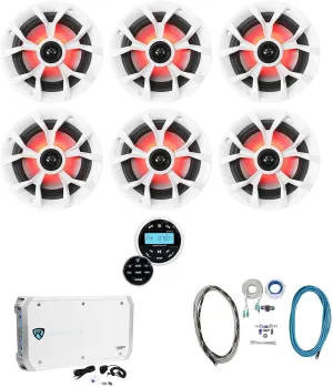 Rockville (6) RKL65MBW 6.5" 700w Marine LED Speakers Receiver Amplifier Amp Kit