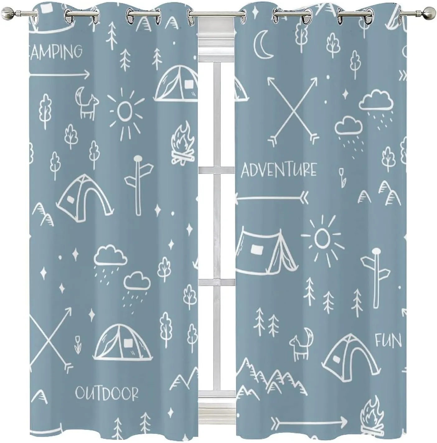 Rustic Camper Theme Curtains for Bedroom - Abstract Hand Painting Camping Mountains Trees Tent Print Window Drapes,Energy Saving Thermal Insulated Grommet Top Blackout Curtains 63L x 21W,2 Panels