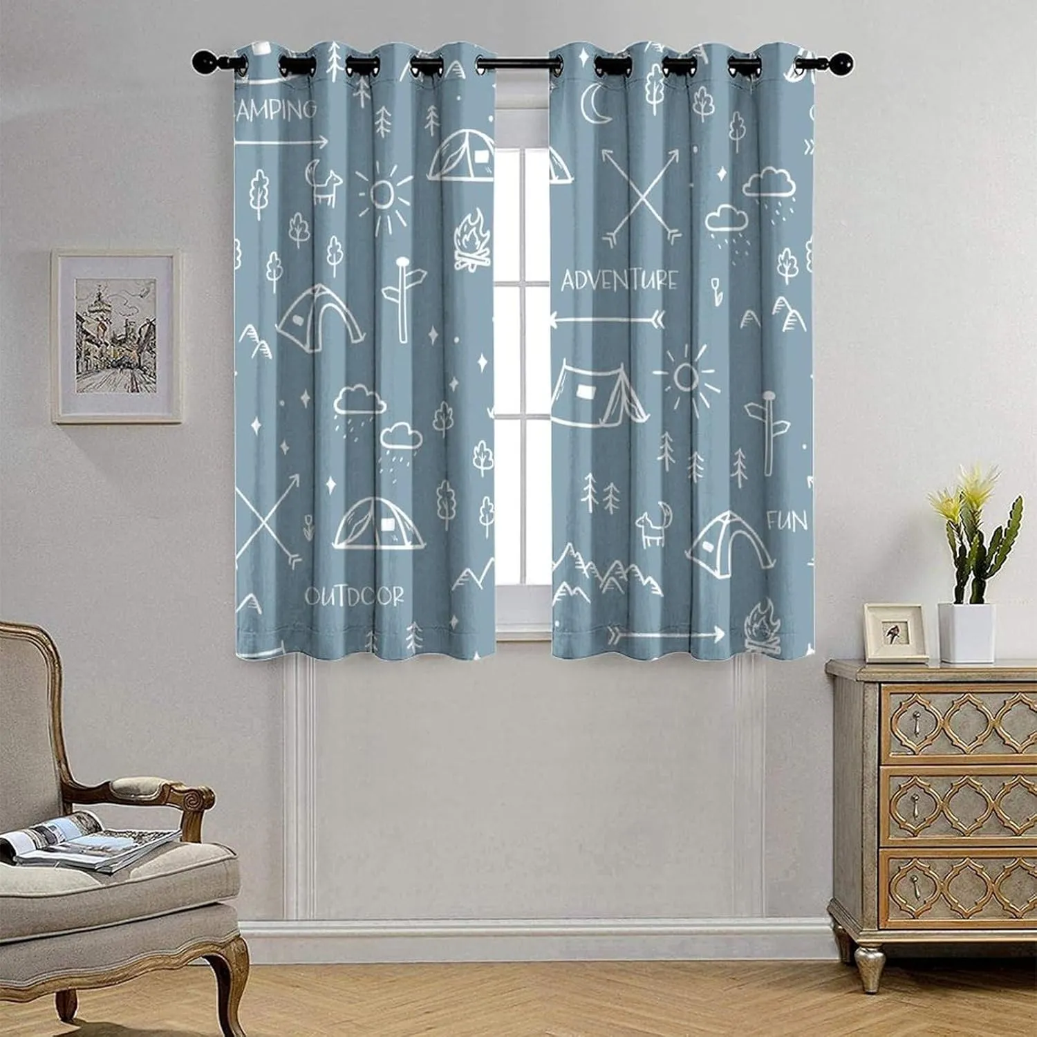 Rustic Camper Theme Curtains for Bedroom - Abstract Hand Painting Camping Mountains Trees Tent Print Window Drapes,Energy Saving Thermal Insulated Grommet Top Blackout Curtains 63L x 21W,2 Panels
