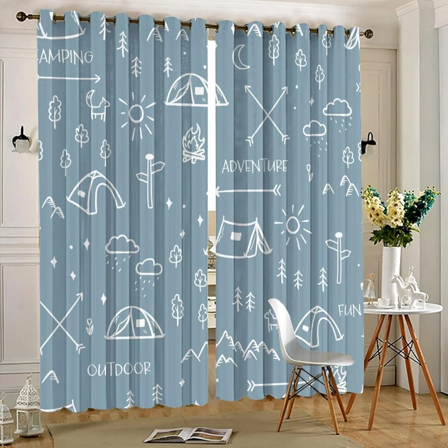 Rustic Camper Theme Curtains for Bedroom - Abstract Hand Painting Camping Mountains Trees Tent Print Window Drapes,Energy Saving Thermal Insulated Grommet Top Blackout Curtains 63L x 21W,2 Panels