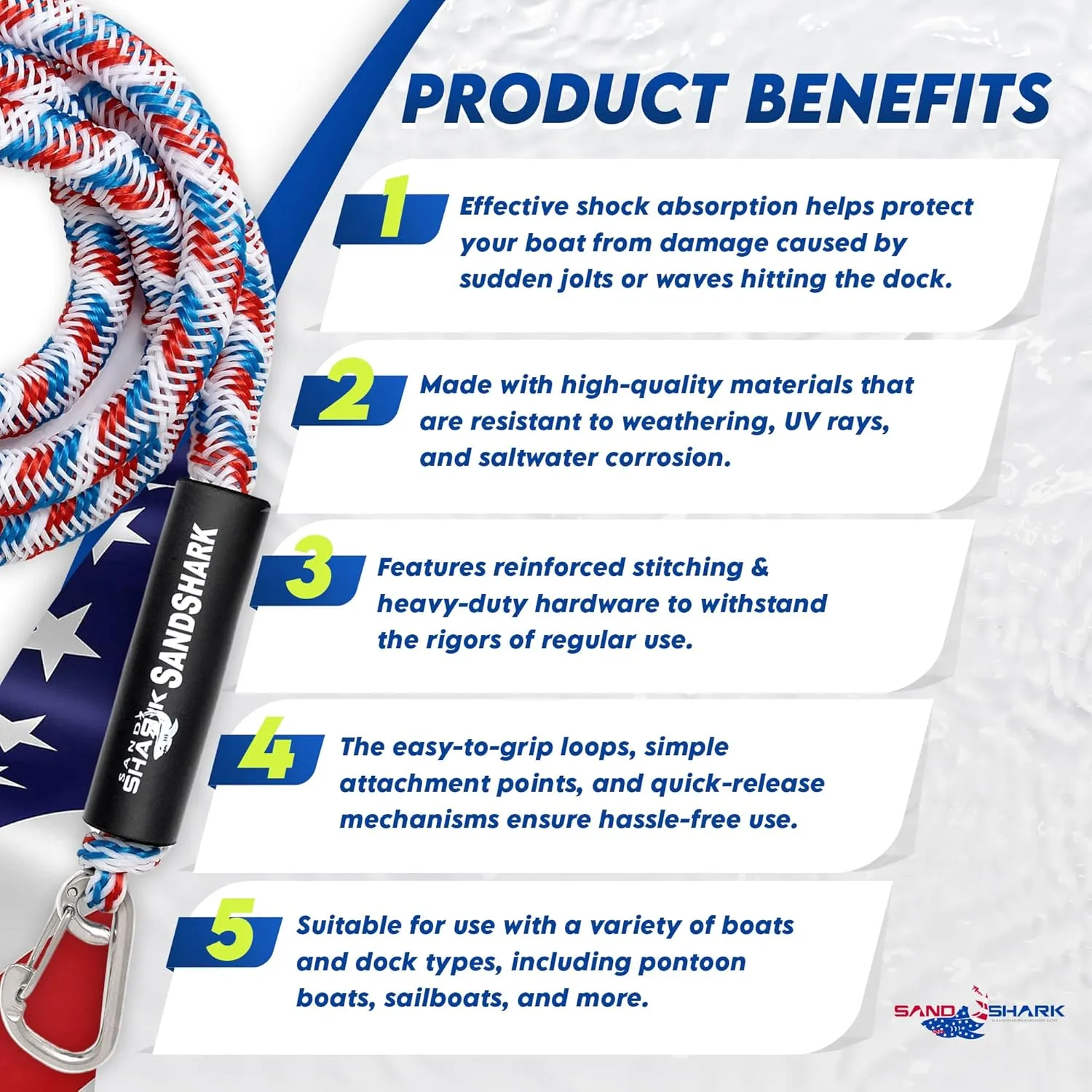 SandShark Premium Anchor Bungee Dock Line. Boat Accessories Anchor Line Absorbs Shock to Anchors and Docks w/Stainless Steel Clip - RWB - 7-14ft