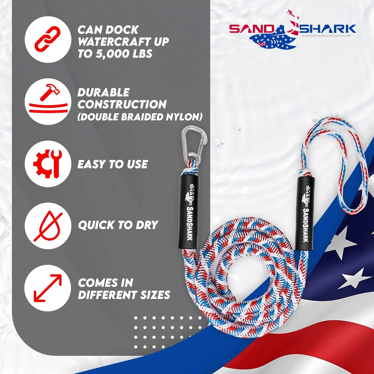 SandShark Premium Anchor Bungee Dock Line. Boat Accessories Anchor Line Absorbs Shock to Anchors and Docks w/Stainless Steel Clip - RWB - 7-14ft