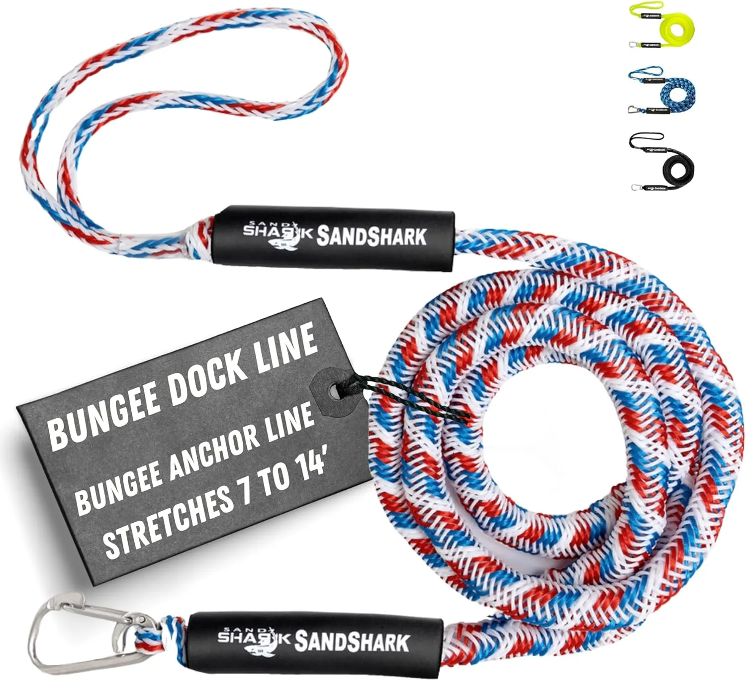 SandShark Premium Anchor Bungee Dock Line. Boat Accessories Anchor Line Absorbs Shock to Anchors and Docks w/Stainless Steel Clip - RWB - 7-14ft
