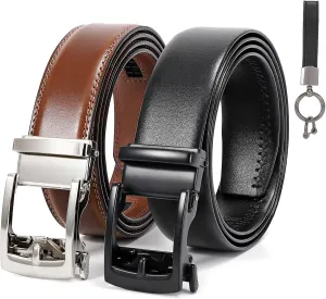 SANSTHS 2 Pack Ratchet Leather Belts for Men, Faux Leather Men Belts for Casual Business Dress Belt