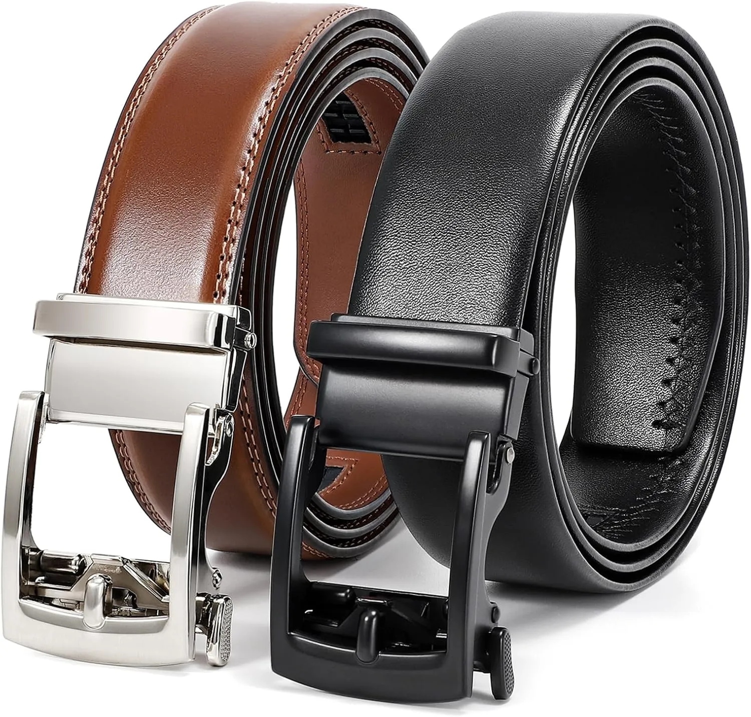 SANSTHS 2 Pack Ratchet Leather Belts for Men, Faux Leather Men Belts for Casual Business Dress Belt