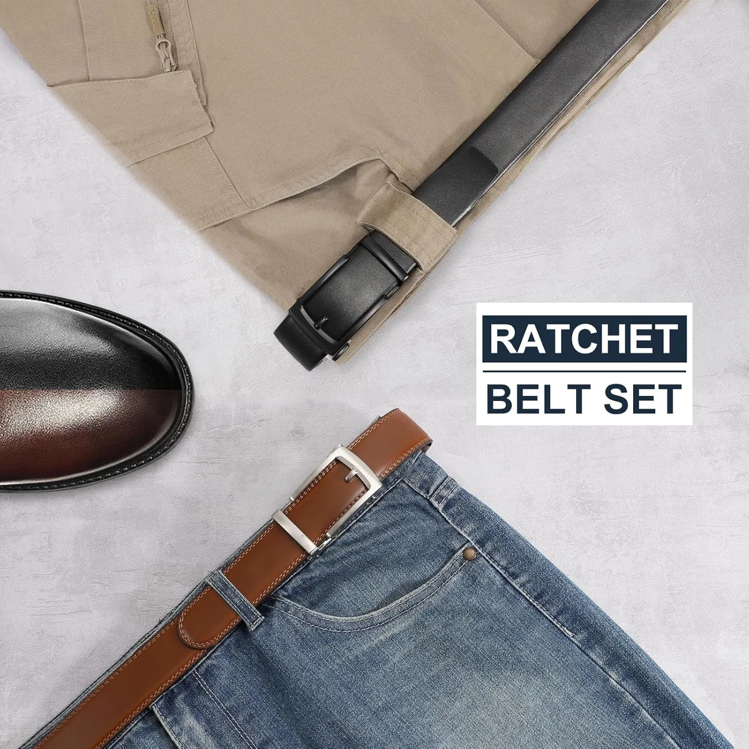 SANSTHS 2 Pack Ratchet Leather Belts for Men, Faux Leather Men Belts for Casual Business Dress Belt