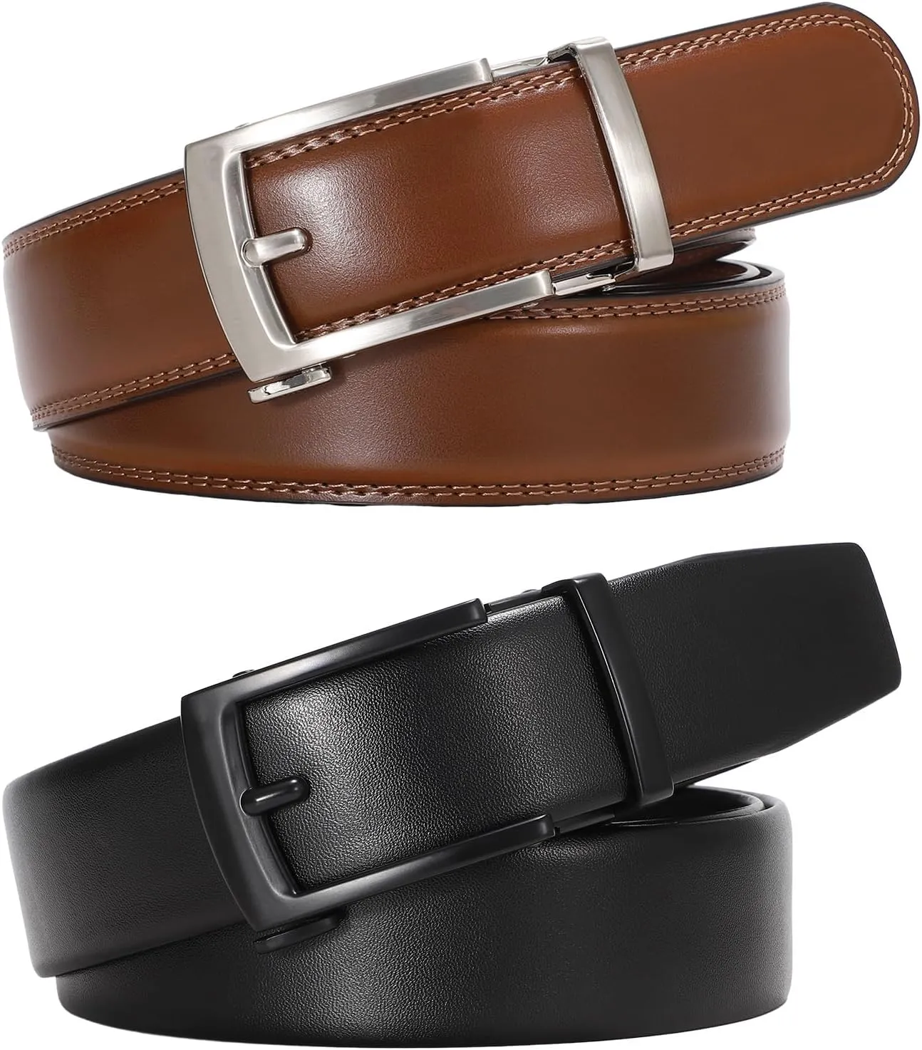 SANSTHS 2 Pack Ratchet Leather Belts for Men, Faux Leather Men Belts for Casual Business Dress Belt