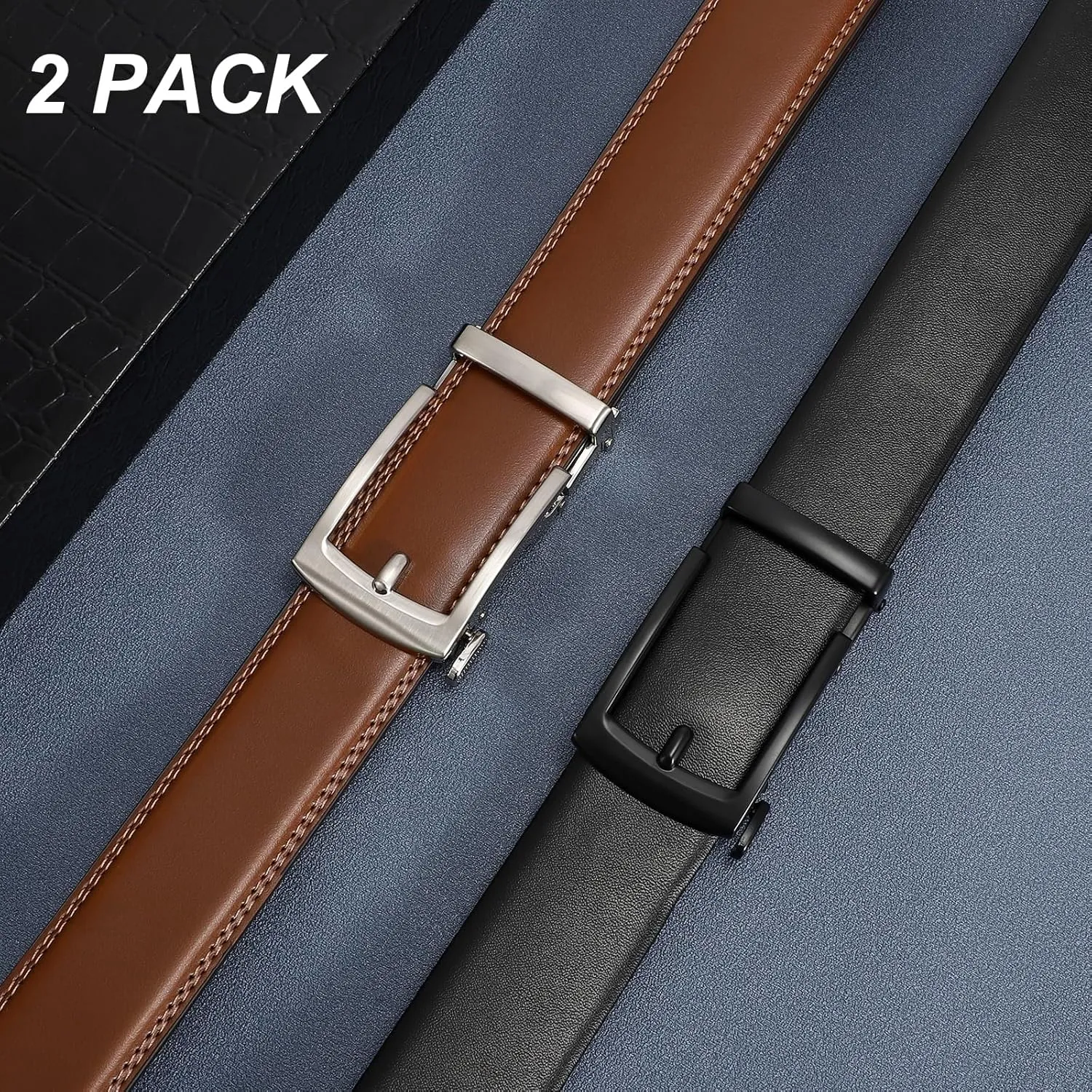 SANSTHS 2 Pack Ratchet Leather Belts for Men, Faux Leather Men Belts for Casual Business Dress Belt