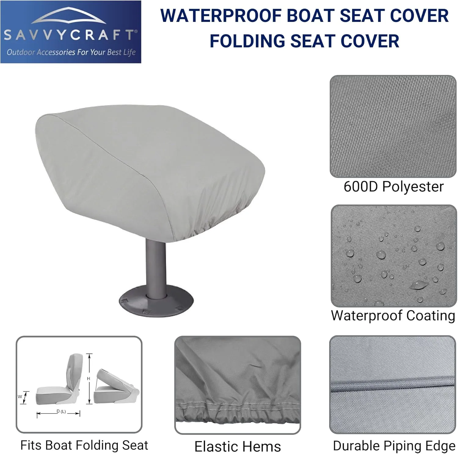 SavvyCraft Waterproof Boat Folding Seat Cover Fits 20" Lx18 W x14 H Grey