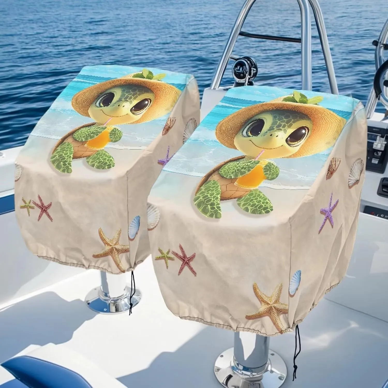 Sea Turtle Print Boat Seat Cover, 2 Pack Outdoor Waterproof Pontoon Captain Bench Chair Protective Seat Covers UV Resistant Captain Chair Seat Cover