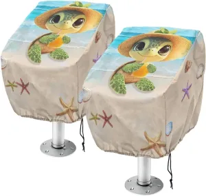 Sea Turtle Print Boat Seat Cover, 2 Pack Outdoor Waterproof Pontoon Captain Bench Chair Protective Seat Covers UV Resistant Captain Chair Seat Cover