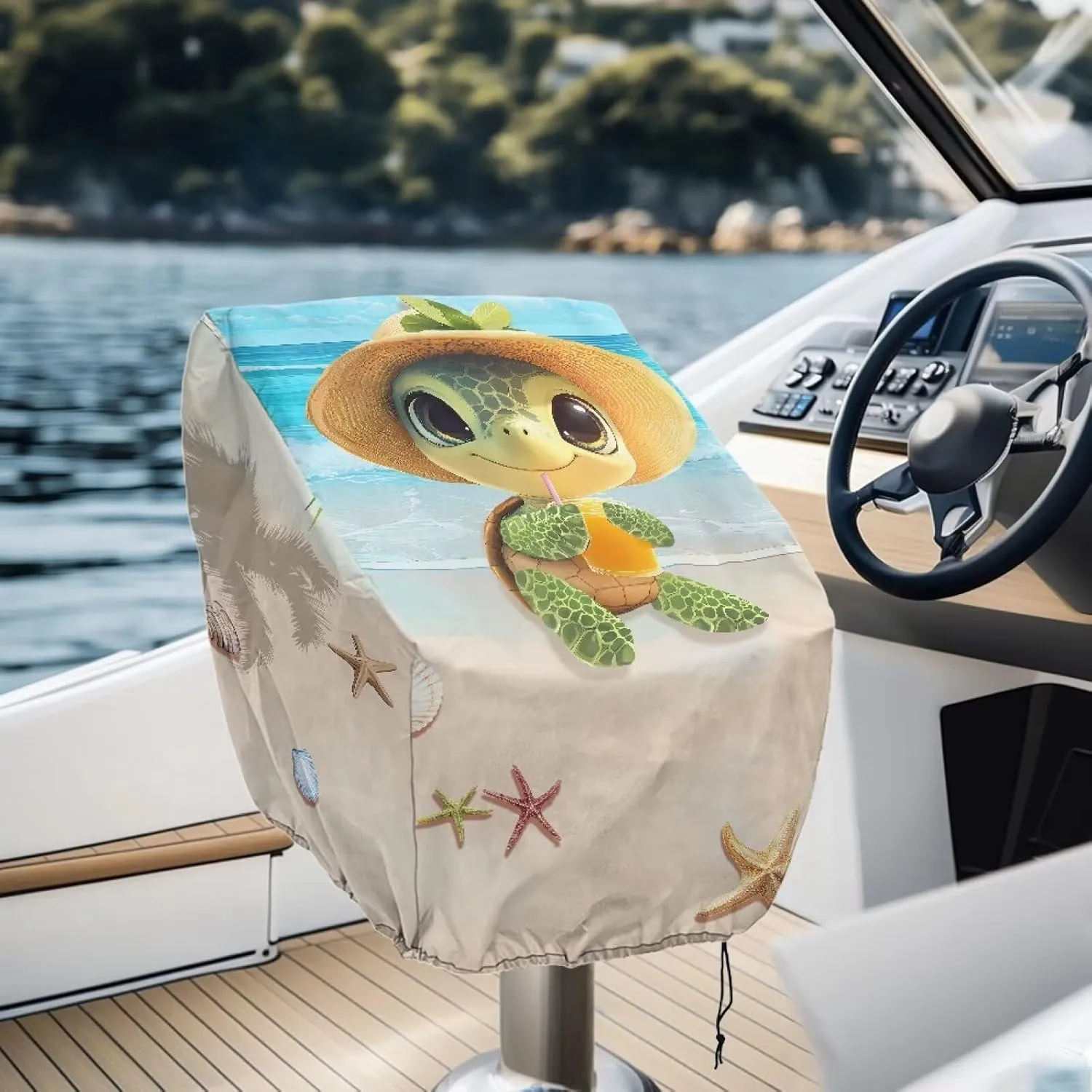 Sea Turtle Print Boat Seat Cover, 2 Pack Outdoor Waterproof Pontoon Captain Bench Chair Protective Seat Covers UV Resistant Captain Chair Seat Cover