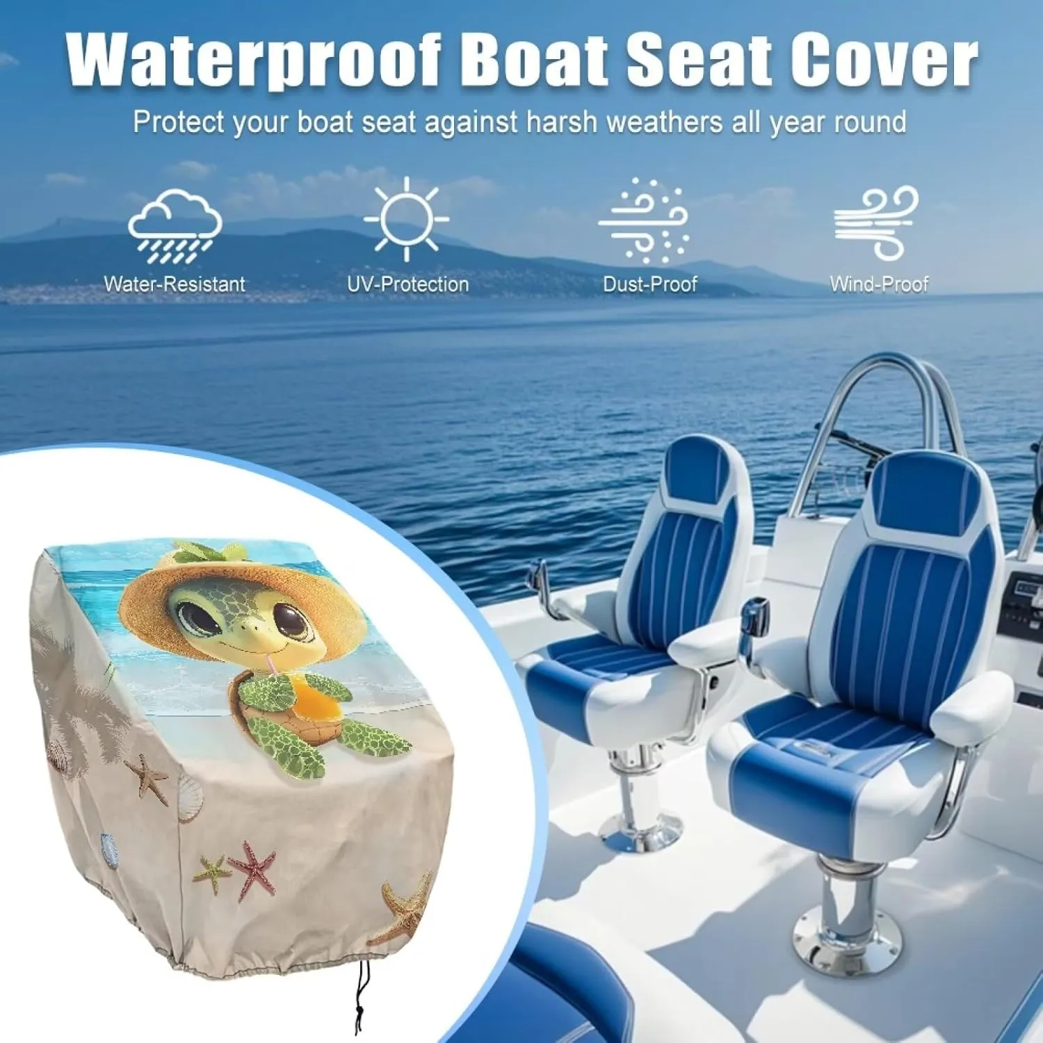 Sea Turtle Print Boat Seat Cover, 2 Pack Outdoor Waterproof Pontoon Captain Bench Chair Protective Seat Covers UV Resistant Captain Chair Seat Cover