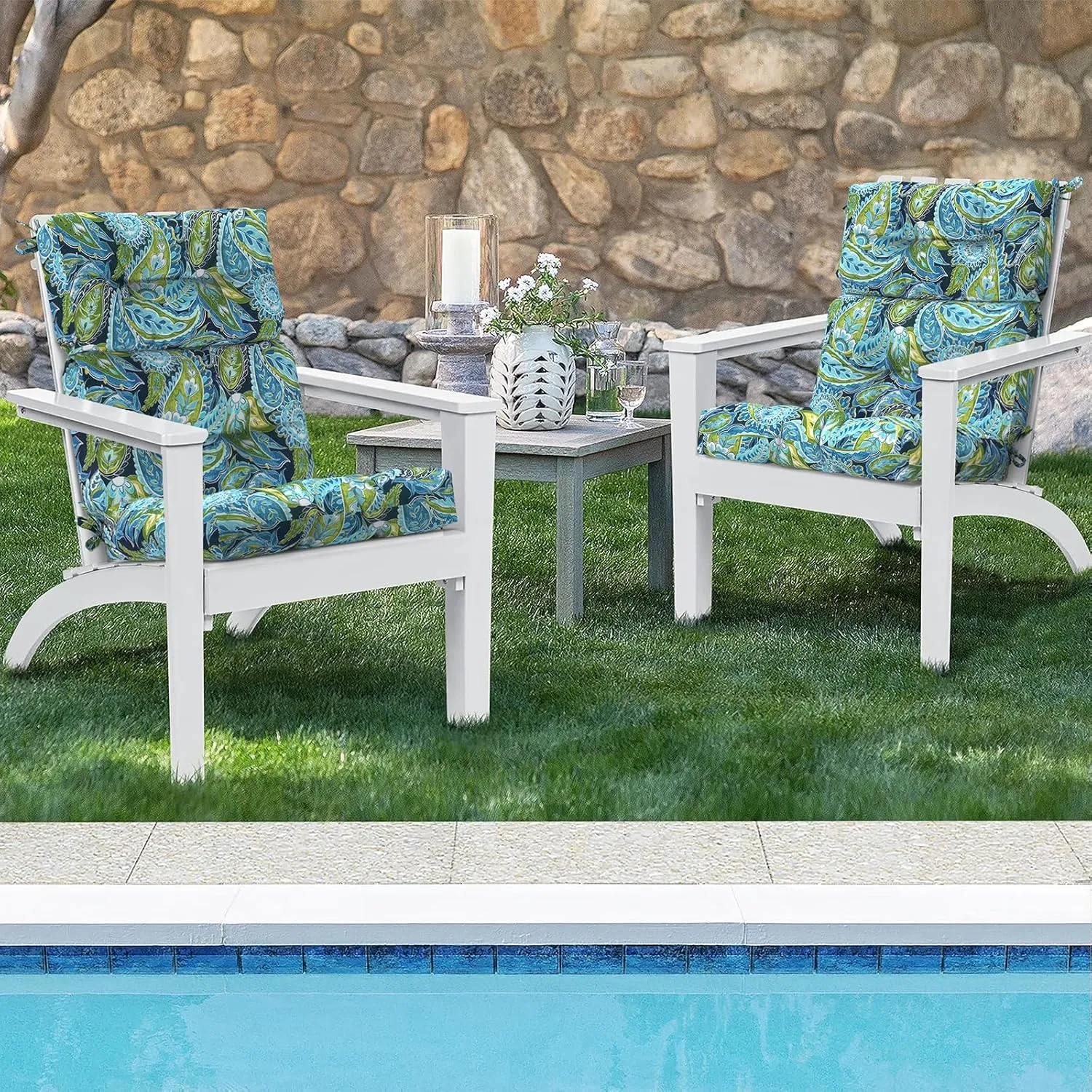 Set of 2 Outdoor High Back Chair Cushions 44"x 22",Water Repellent Rocking Cushion Replacement, Seat/Back Chair Cushions for Patio,Porch,and Indoor - Paisley Lapis Green