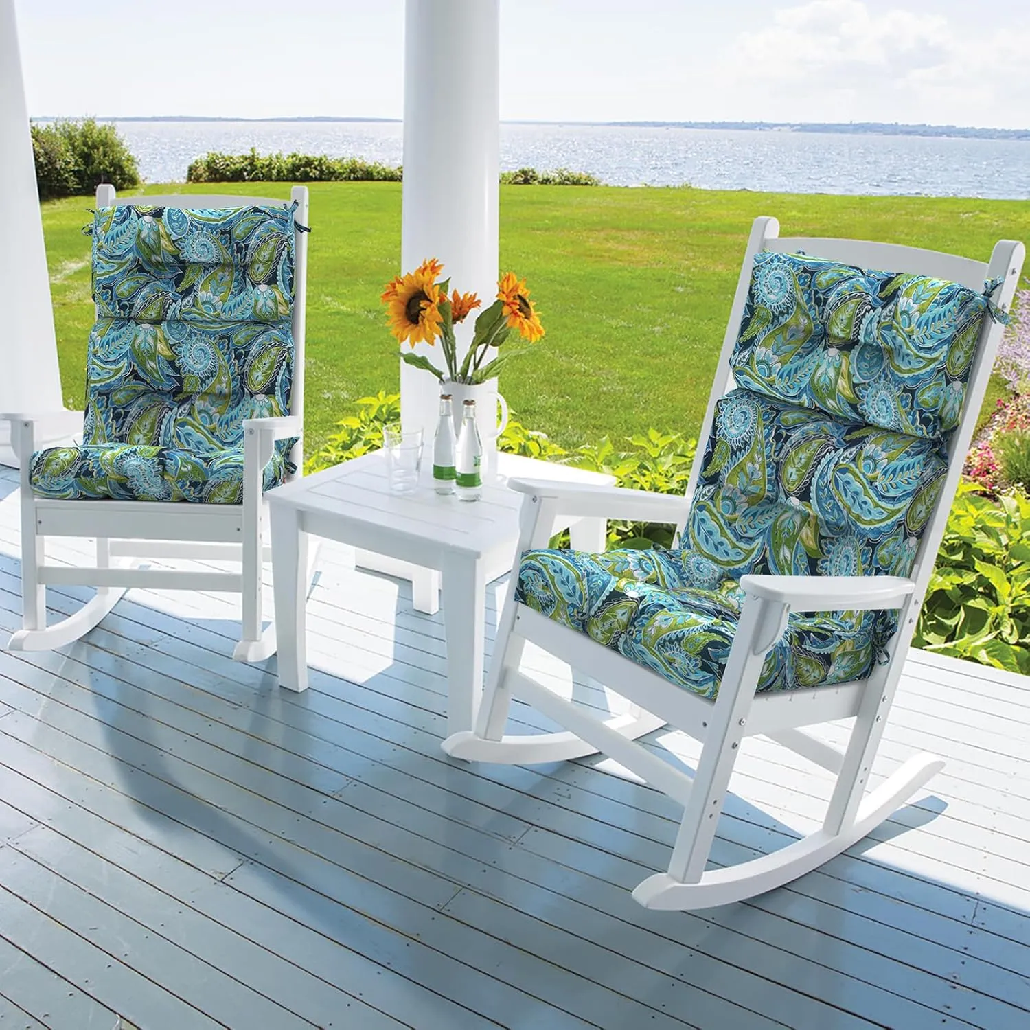 Set of 2 Outdoor High Back Chair Cushions 44"x 22",Water Repellent Rocking Cushion Replacement, Seat/Back Chair Cushions for Patio,Porch,and Indoor - Paisley Lapis Green