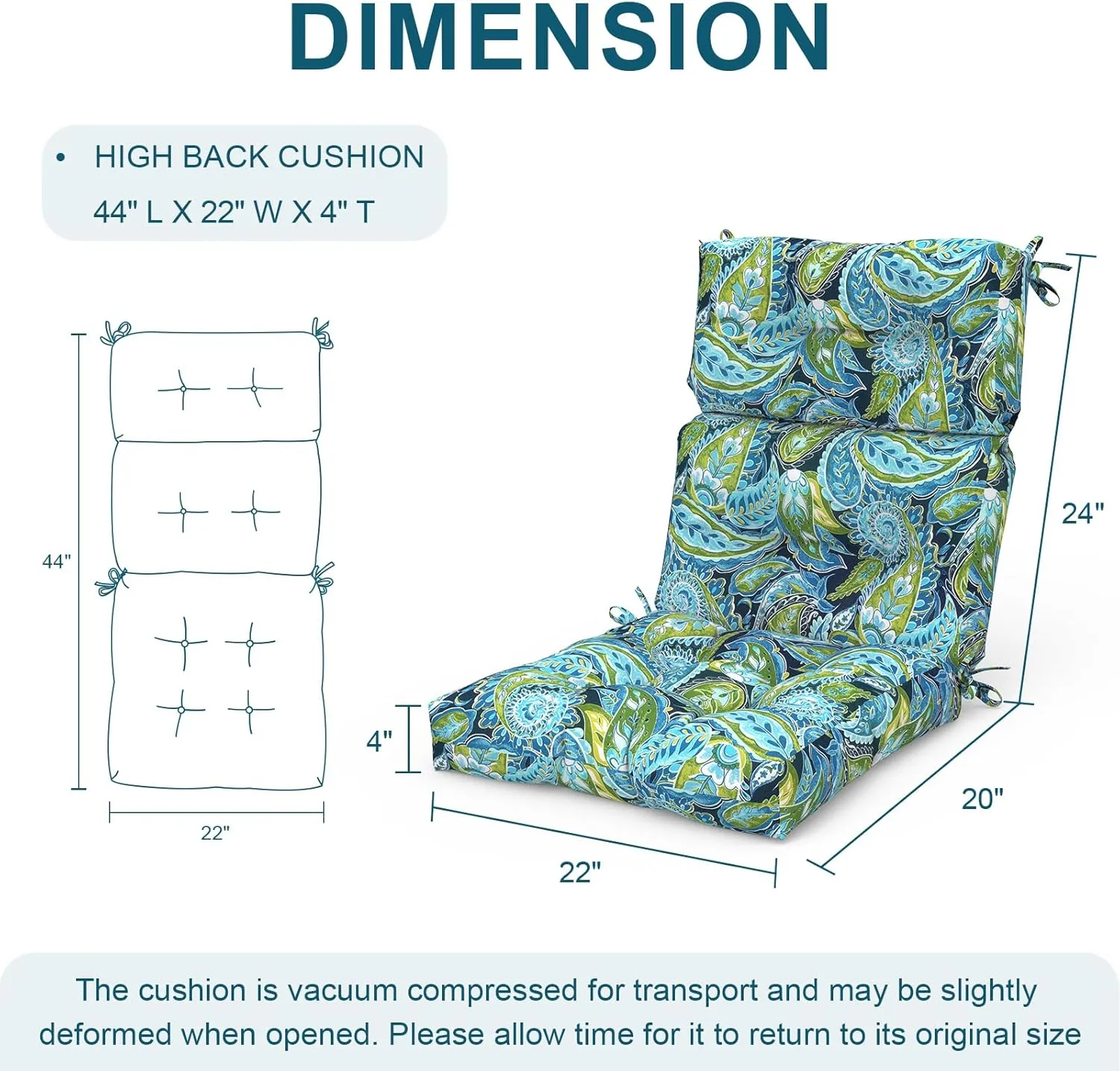 Set of 2 Outdoor High Back Chair Cushions 44"x 22",Water Repellent Rocking Cushion Replacement, Seat/Back Chair Cushions for Patio,Porch,and Indoor - Paisley Lapis Green