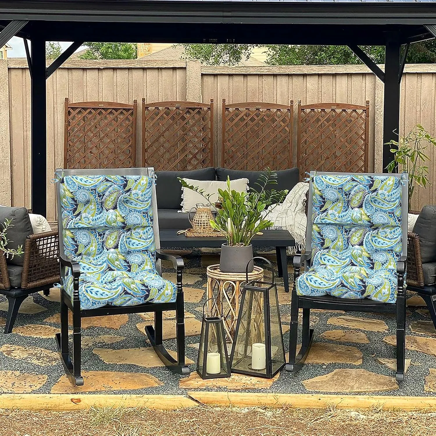Set of 2 Outdoor High Back Chair Cushions 44"x 22",Water Repellent Rocking Cushion Replacement, Seat/Back Chair Cushions for Patio,Porch,and Indoor - Paisley Lapis Green