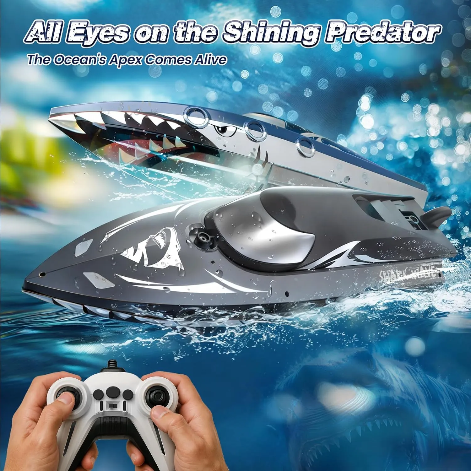 Shark RC Boat for Kids & Adults,2.4GHz High Speed Remote Control Racing Boat W/ Dual Battery 50 Min Runtime,Waterproof,Fast Remote Control Toy Gift Kids 8-12, Ideal for Pools & Lakes,Realistic Grey