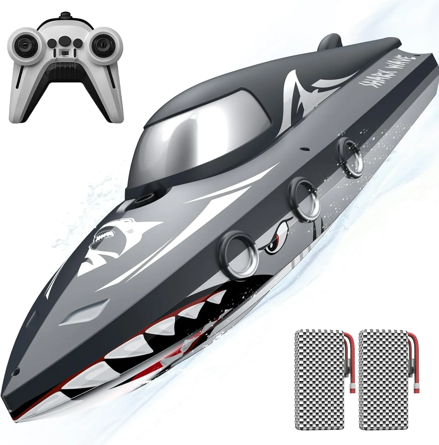 Shark RC Boat for Kids & Adults,2.4GHz High Speed Remote Control Racing Boat W/ Dual Battery 50 Min Runtime,Waterproof,Fast Remote Control Toy Gift Kids 8-12, Ideal for Pools & Lakes,Realistic Grey