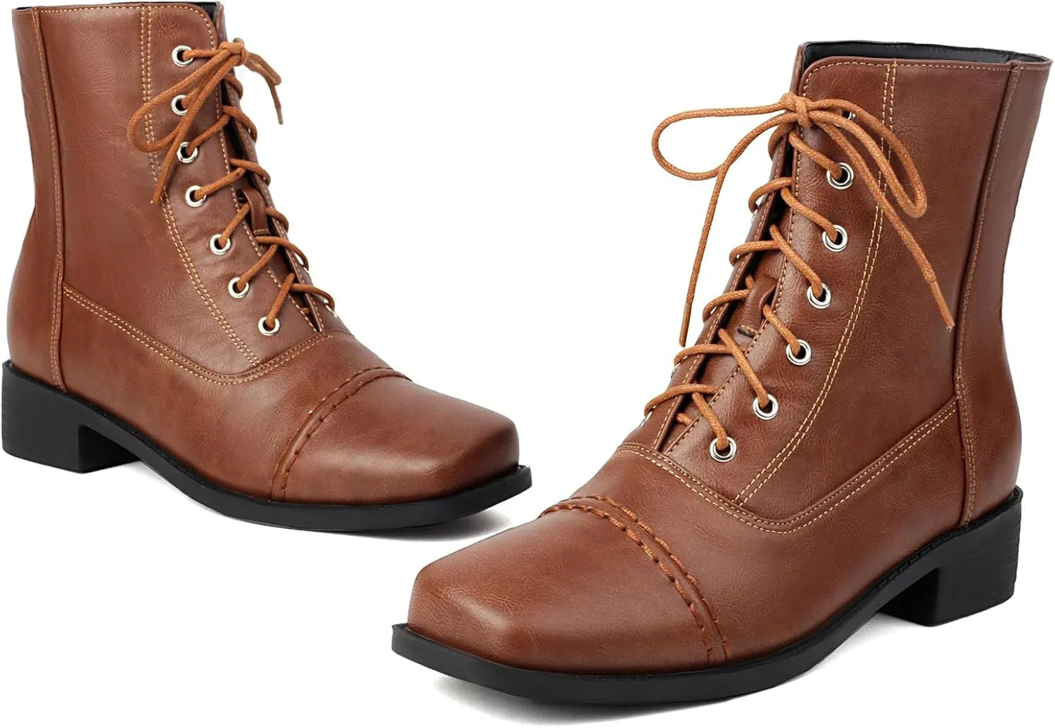 SHEMEE Women's Chunky Low Heels Ankle Boots Comfort Round Square Toe Lace Up Combat Boots Flats British Motorcycle Biker Boots
