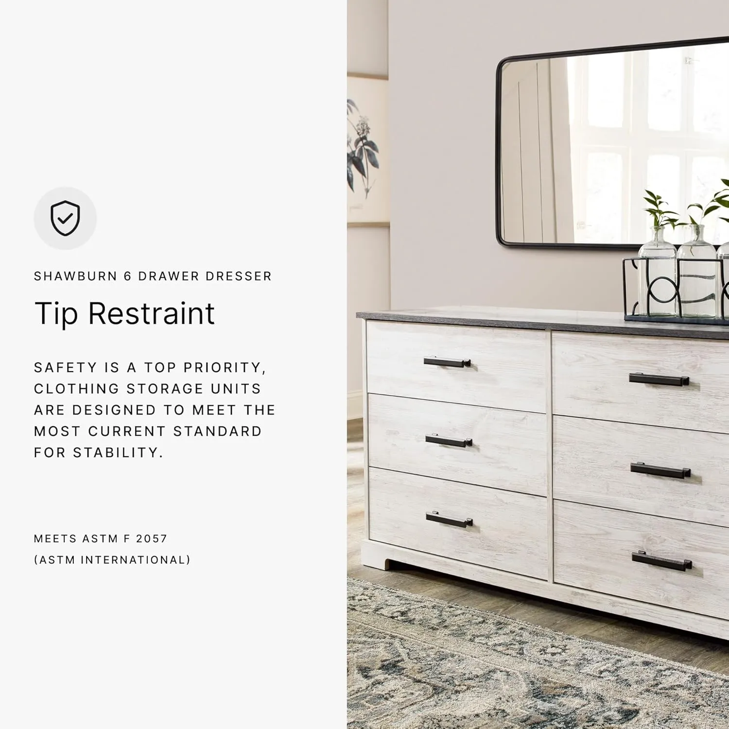 Signature Design by Ashley Shawburn 6 Drawer Dresser, Whitewash & Gray