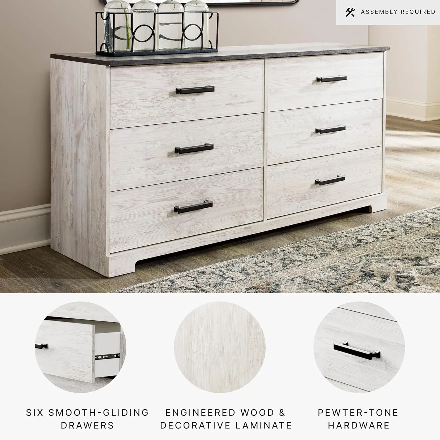 Signature Design by Ashley Shawburn 6 Drawer Dresser, Whitewash & Gray