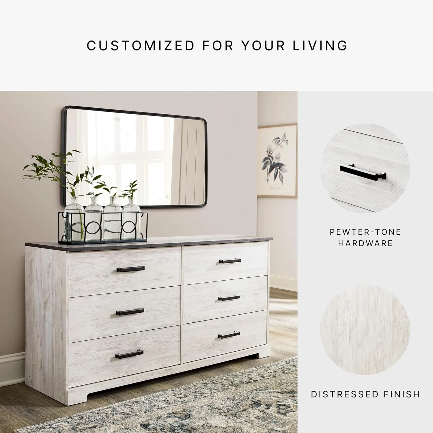 Signature Design by Ashley Shawburn 6 Drawer Dresser, Whitewash & Gray