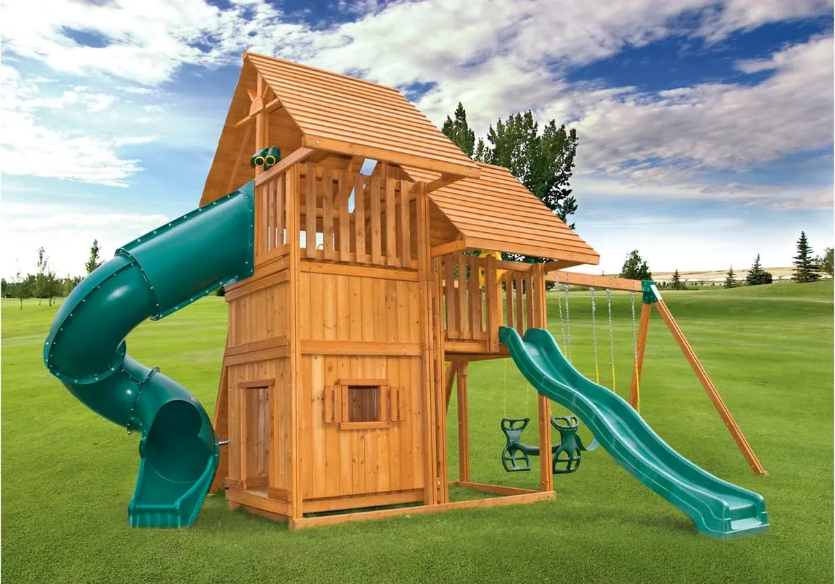 Sky Solid Cedar Wood Swing Set | Jungle Gym with Clubhouses, Rock Wall, Wood Roofs, Spiral Slide. Wave Slide, Bottom Clubhouse, Swings and Accessories | Easy Assembly | Kids Playhouse | 1,250lbs - #7