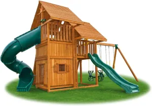 Sky Solid Cedar Wood Swing Set | Jungle Gym with Clubhouses, Rock Wall, Wood Roofs, Spiral Slide. Wave Slide, Bottom Clubhouse, Swings and Accessories | Easy Assembly | Kids Playhouse | 1,250lbs - #7