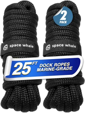 Space Whale Marine-Grade Boat Mooring Ropes - 5/8” Docking Lines 25FT with Reinforced Loop - High-Strength Double-Braided Nylon, Durable Dock Ties for Yachts & Pontoon Boats - (2 Pack)