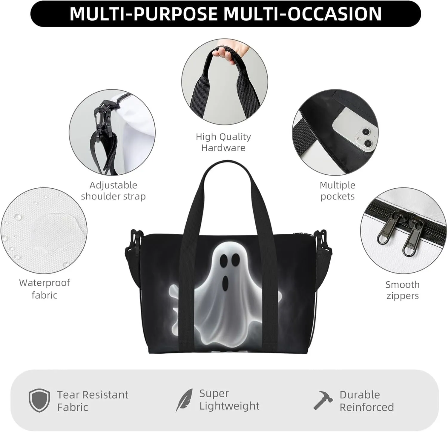 Sports Gym Bag for Women Men Travel Duffel Bag Tote Black and Halloween Ghost Weekender Bag Canvas Carry on Overnight Bag for Travel Swimming Fitness Workout Sports Duffle Bag