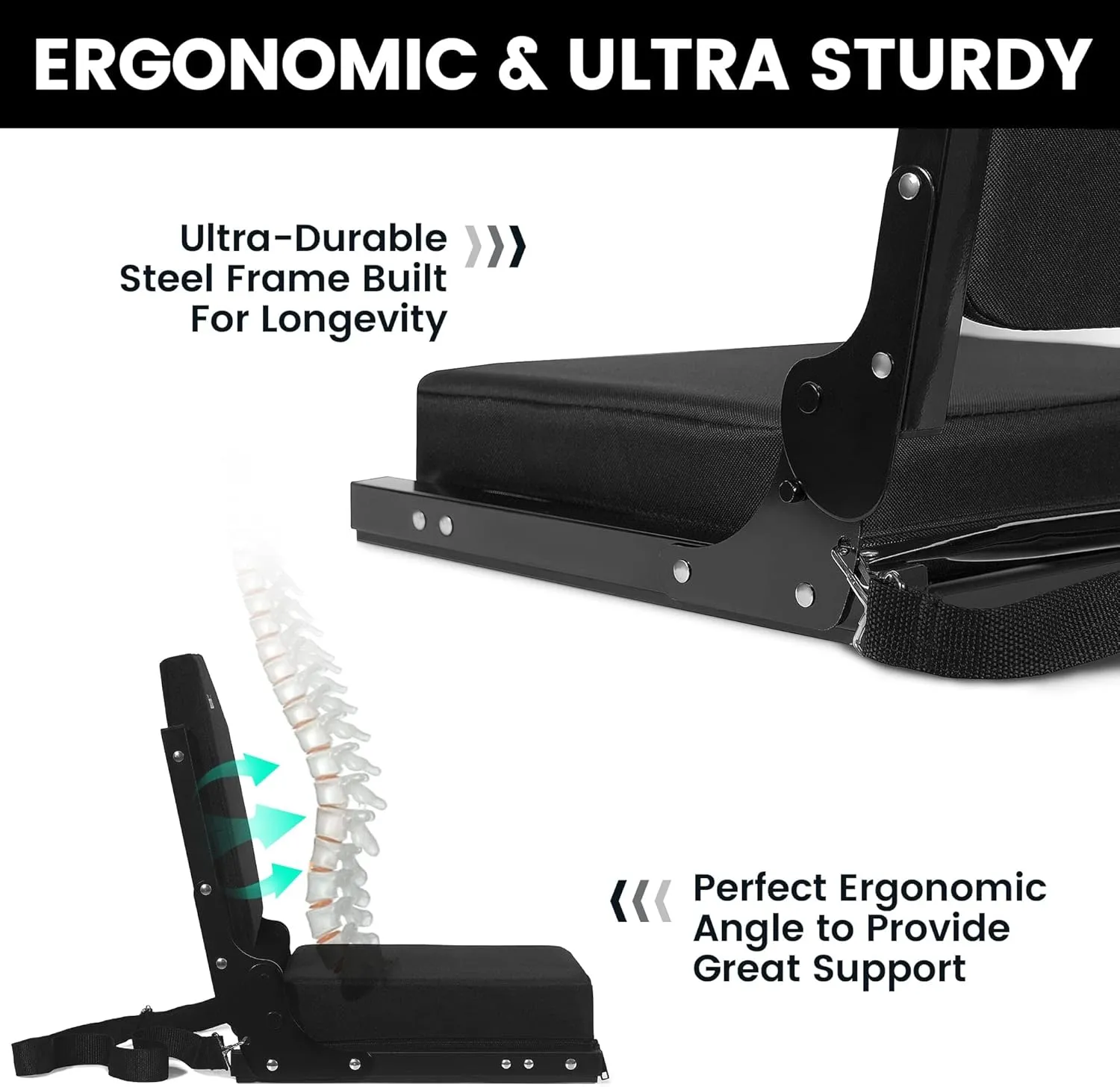 Stadium Seats for Bleachers, Bleacher Seats with Ultra Padded Comfy Foam Backs and Cushion, Wide Portable Stadium Chairs with Back Support and Shoulder Strap, 2 Pack, Black