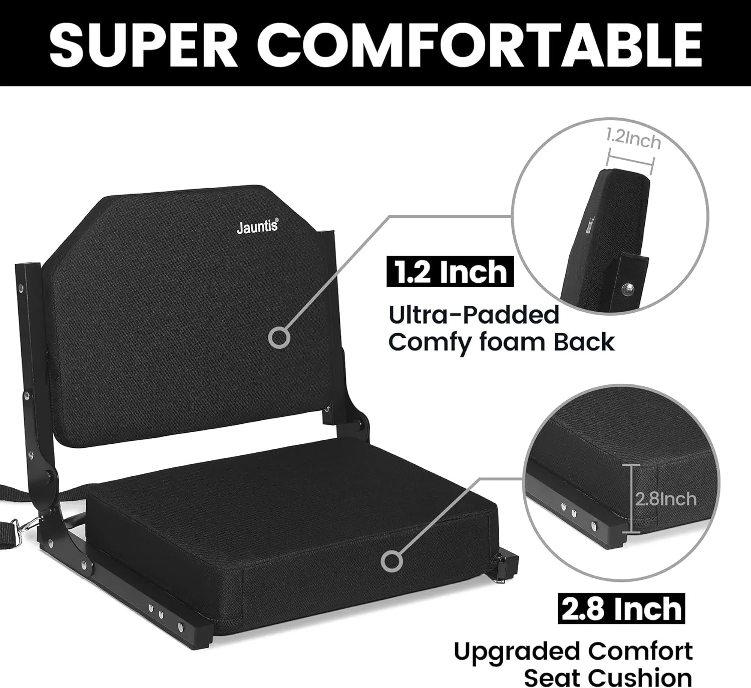 Stadium Seats for Bleachers, Bleacher Seats with Ultra Padded Comfy Foam Backs and Cushion, Wide Portable Stadium Chairs with Back Support and Shoulder Strap, 2 Pack, Black