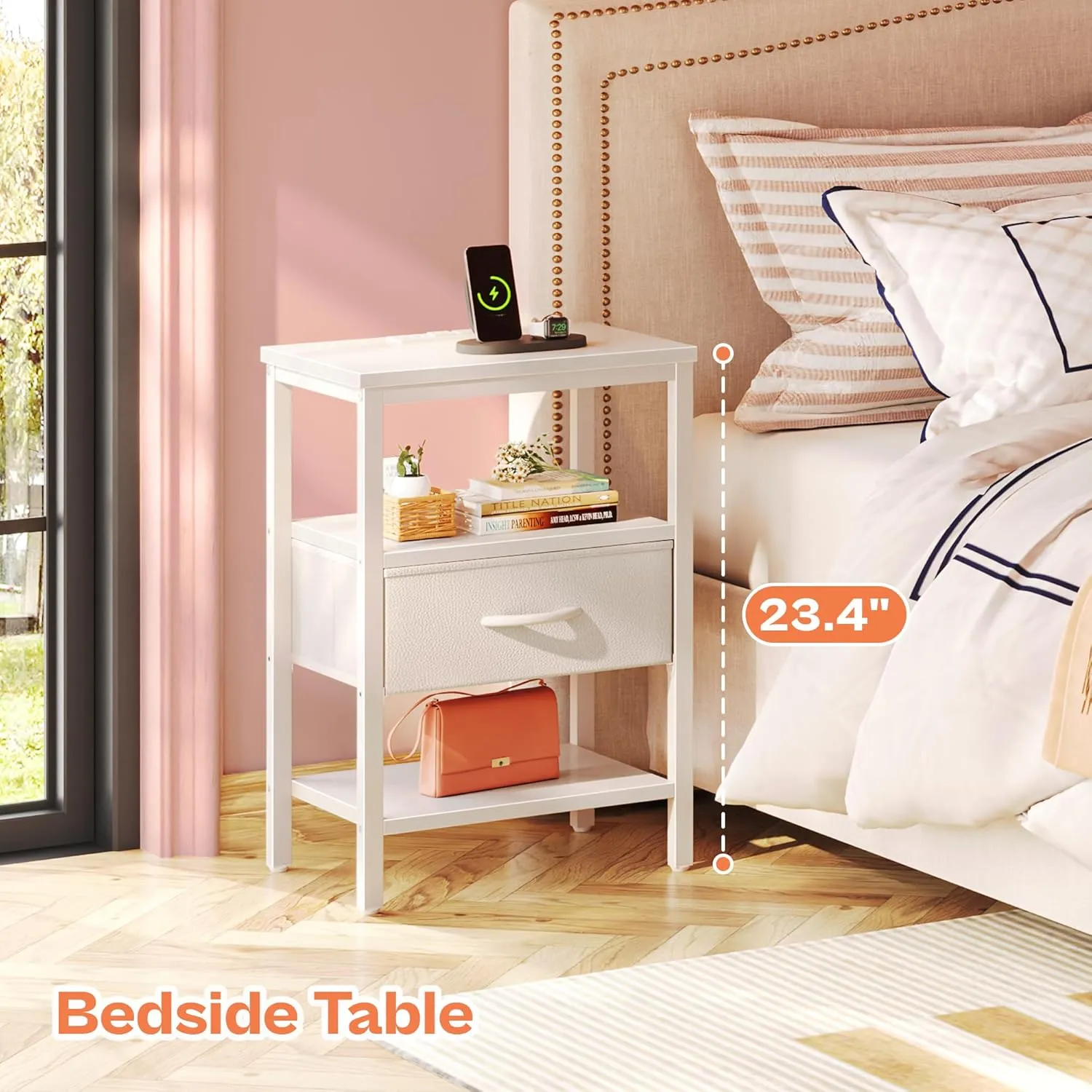 SUPERJARE Nightstand with Charging Station, Bed Side Table with Adjustable Fabric Drawer, Night Stand for Bedroom, 3-Tier Storage End Table, for Living Room, White