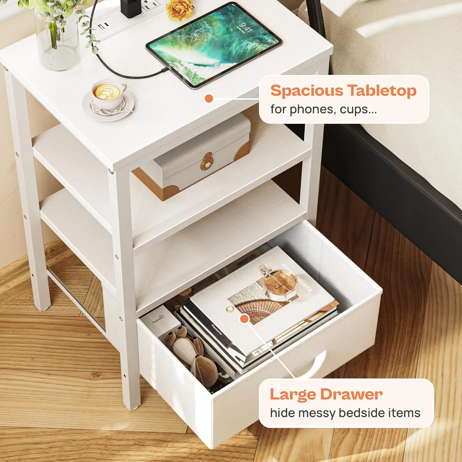 SUPERJARE Nightstand with Charging Station, Bed Side Table with Adjustable Fabric Drawer, Night Stand for Bedroom, 3-Tier Storage End Table, for Living Room, White