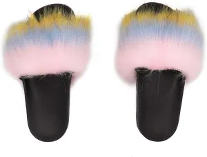 surell - Womens Faux Fox Fur Strap Slippers - Fluffy Furry Soft Footwear Slides for Indoor Outdoor Use - Soft Comfortable Shoes - Fuzzy Rainbow Striped Vacation Slide (Size 6, Blue/Yellow/Pink)
