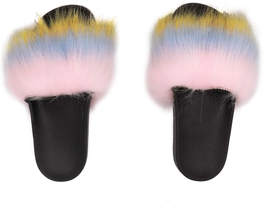 surell - Womens Faux Fox Fur Strap Slippers - Fluffy Furry Soft Footwear Slides for Indoor Outdoor Use - Soft Comfortable Shoes - Fuzzy Rainbow Striped Vacation Slide (Size 6, Blue/Yellow/Pink)