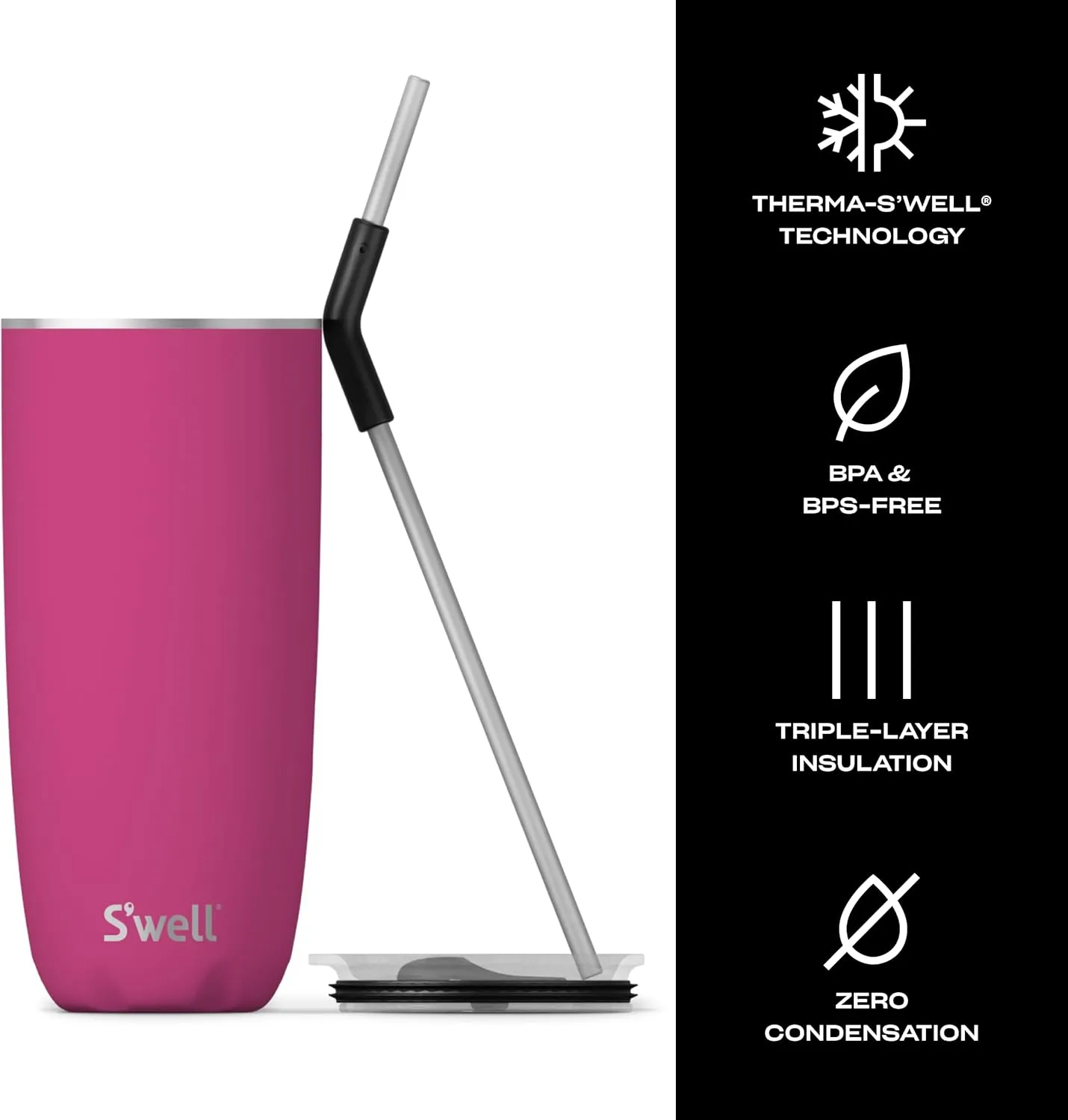 S'well Stainless Steel Tumbler with Straw and Slide-Open Lid, 24oz, Azalea Pink, Triple Layered Vacuum Insulated Containers Keeps Drinks Cold for 18 Hours and Hot for 5, BPA Free