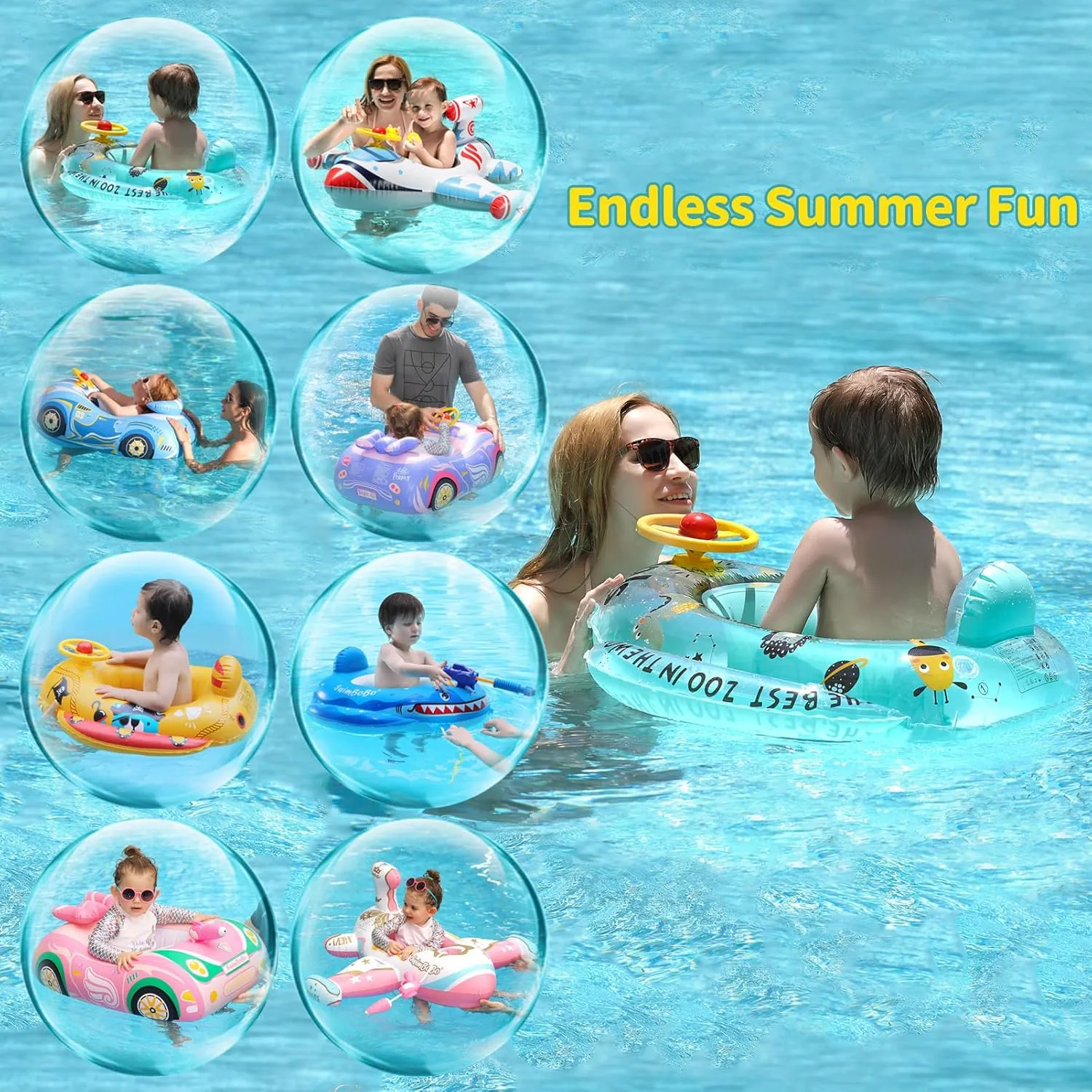 Swimbobo Toddler Pool Float with Seat Boat Inflatable Ride-on Airplane Pirates Sharks Car for Kids Outdoor Toys