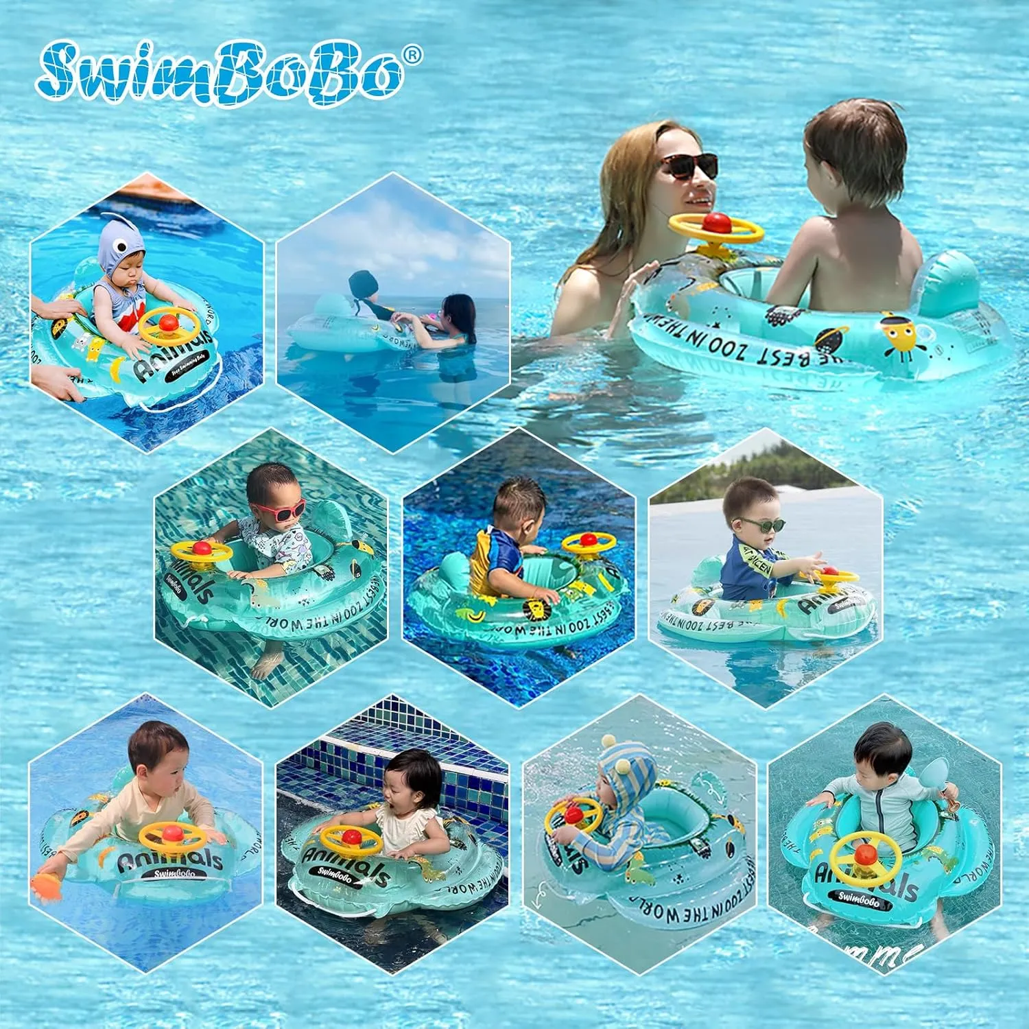 Swimbobo Toddler Pool Float with Seat Boat Inflatable Ride-on Airplane Pirates Sharks Car for Kids Outdoor Toys