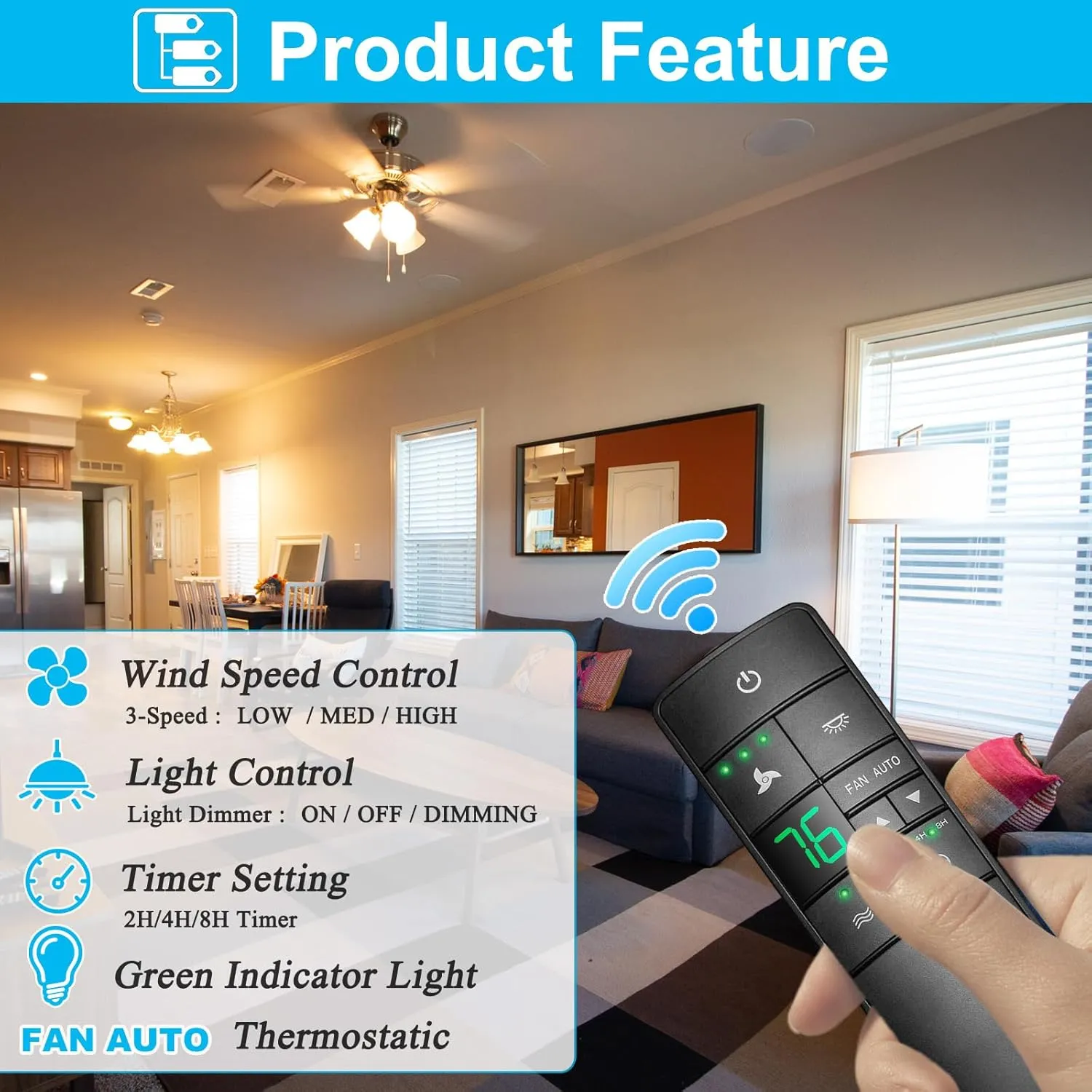 Thermostatic Ceiling Fan Remote Control Replacement for Hampton Bay 2AAZPHD3/HD3 KUJCE10320/TR222A, with Timer Light Dimmer, 3-Speed Wall Mount (Remote Only)