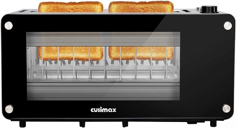Toaster 2 Slice, CUSIMAX Toaster Long Slot with Glass Window Bagel Toasters, Artisan Bread Toaster Stainless Steel Wide Slot with Automatic Lifting, Slide-out Glass Panel and Removable Crumb Tray, Black Toaster
