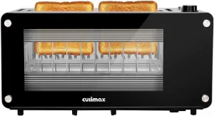 Toaster 2 Slice, CUSIMAX Toaster Long Slot with Glass Window Bagel Toasters, Artisan Bread Toaster Stainless Steel Wide Slot with Automatic Lifting, Slide-out Glass Panel and Removable Crumb Tray, Black Toaster