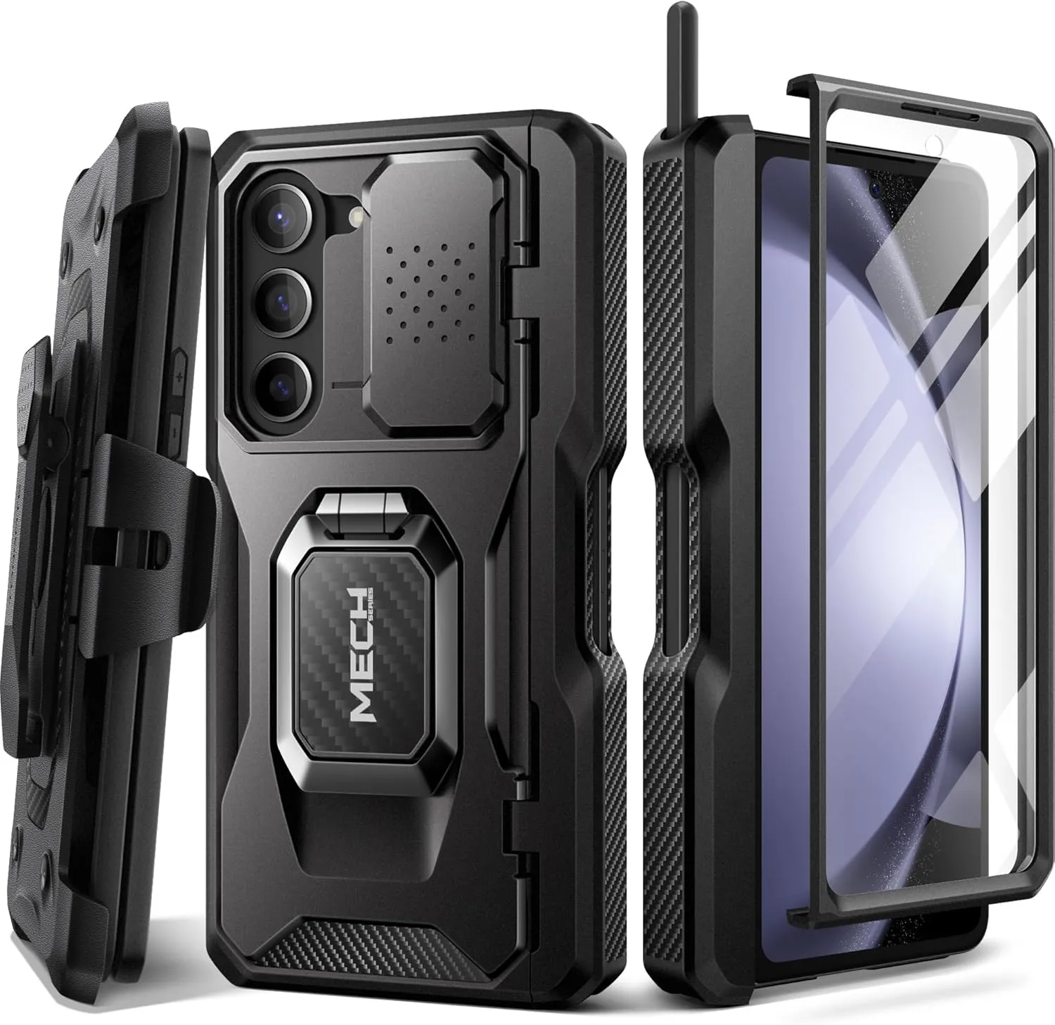 TONGATE for Z Fold 5 Case with Ring Stand, Built-in S Pen Holder & Glass Screen Protector Shockproof Rugged Z5 Phone Case with Slide Camera Cover & Belt Clip for Samsung Galaxy Z Fold 5 2023, Black
